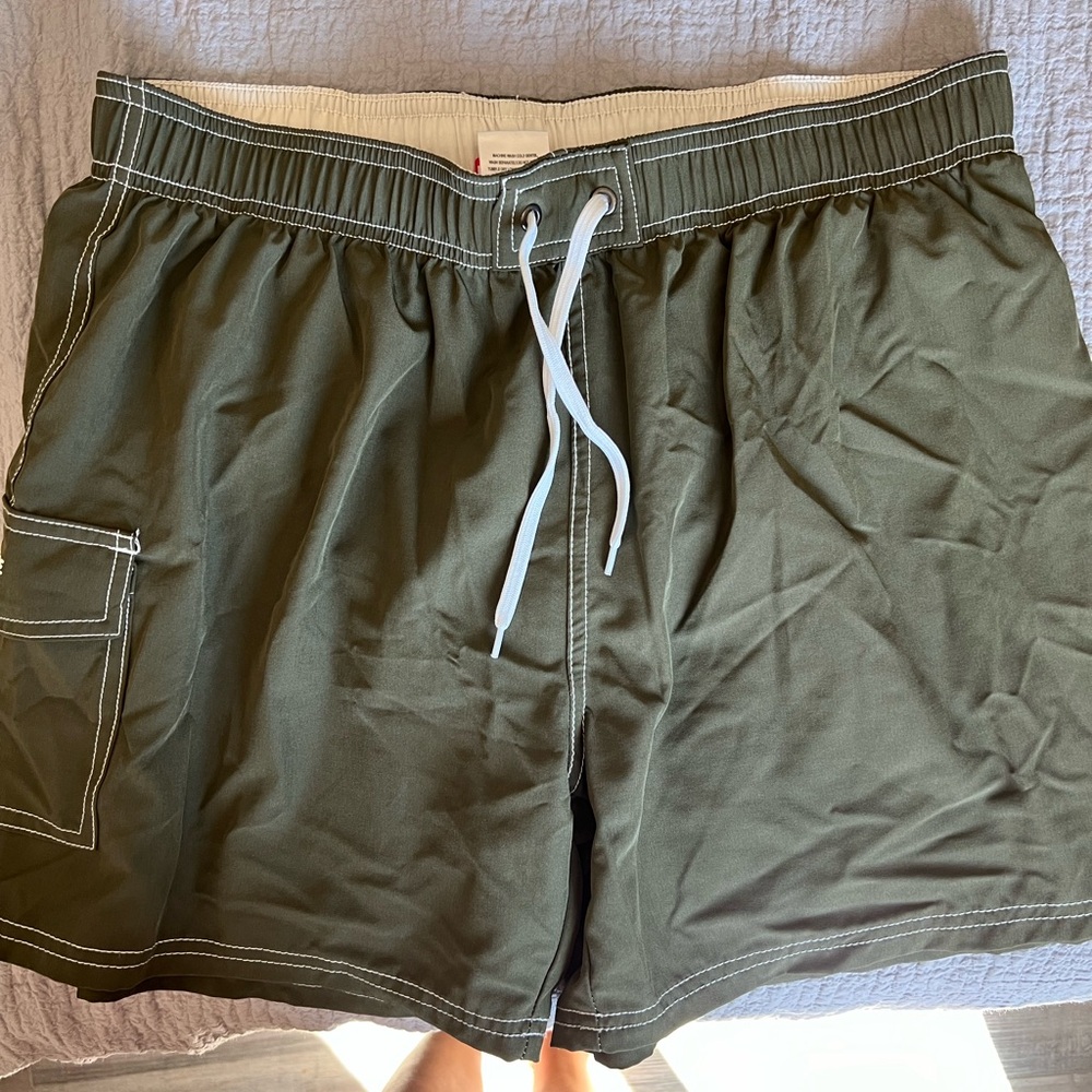 Olive Green Swim Shorts with White Drawstring